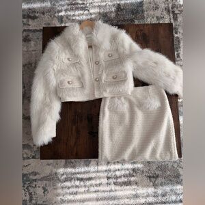 Chic White Faux Fur Jacket and Skirt Set